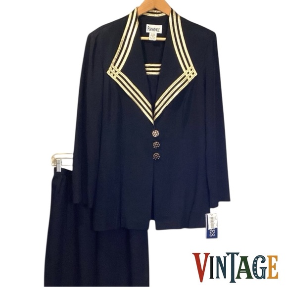 Vintage 80s/90s Periwinkle by B. David Black Skirt Suit Set Gold Trim NWT Formal - Picture 1 of 14